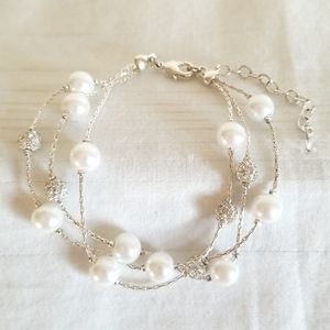 New Silver Pearl Triple Strand Bracelet
